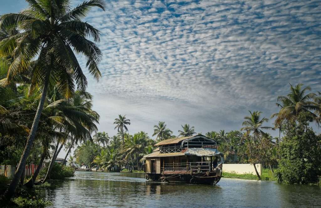 A house boat is moving in the backwaters of Alappuzha and the nature is very beautiful with all the coconut trees around the backwaters.